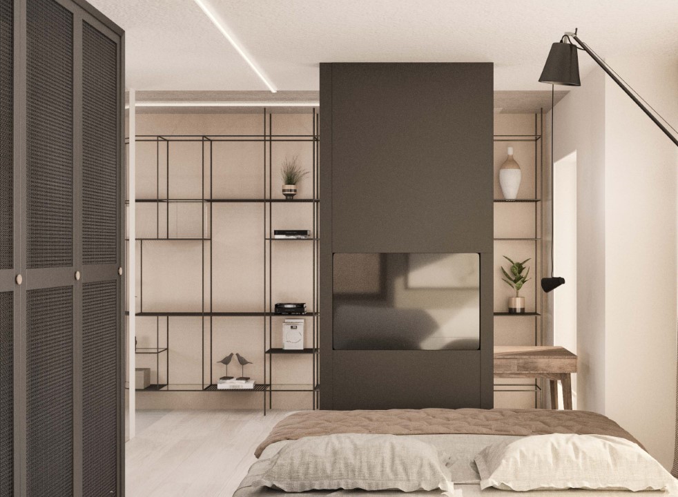sypialnia minimalistyczna z czarna metaloplastyką