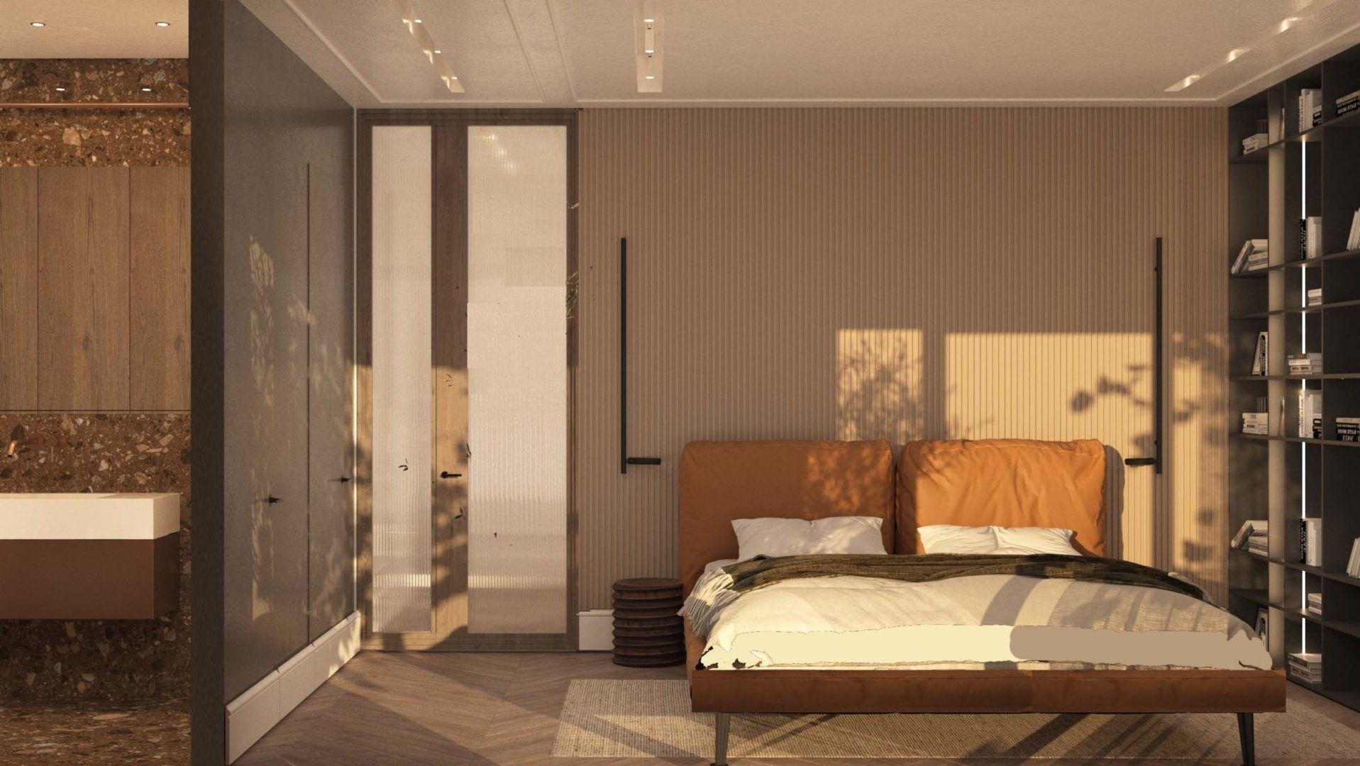 nowoczesna sypialnia w ciepłej kolorystyce