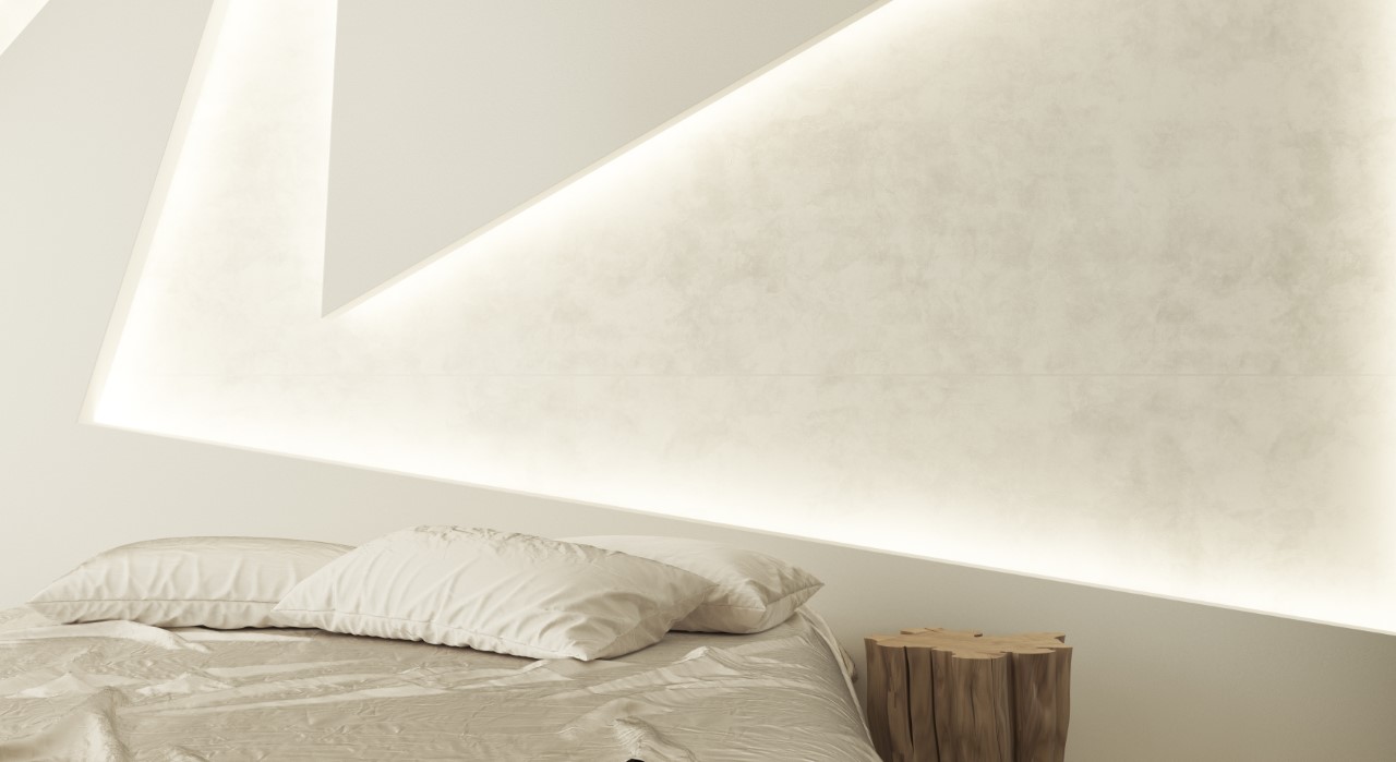 minimalistyczna sypialnia z oświetleniem ściennym led