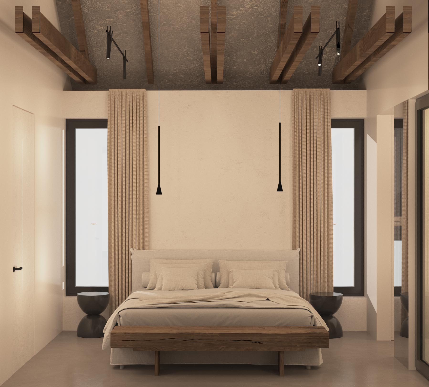 sypialnia japandi z belkami sufitowymi - projektant wnętrz wrocław