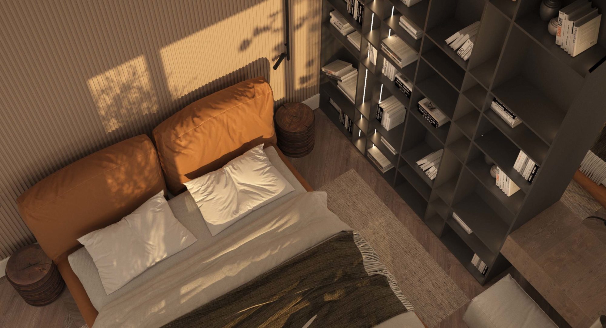 nowoczesna sypialnia z lamelami