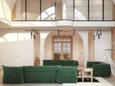 antresola w salonie z czarną szklaną balustradą