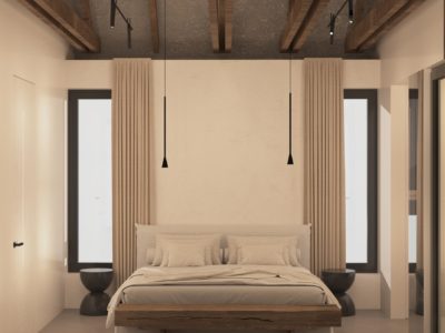 sypialnia japandi z belkami sufitowymi